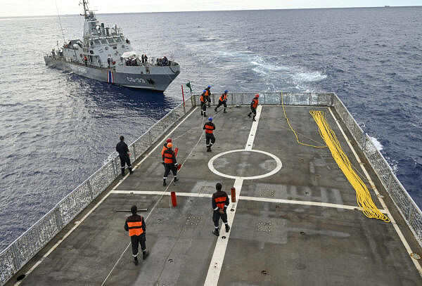 Mauritius Coast Guard Ship (MCGS) Valiant being taken under tow by INS Suvarna for passage to India for its maiden refit at Naval Dockyard, Mumbai, on completion of INS Suvarna's visit to Port Louis, Mauritius.