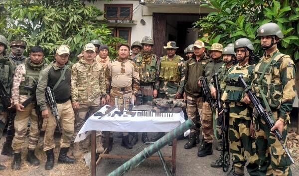 Arms and ammunition recovered during a search operation after 11 suspected militants killed in a gunfight with security forces in Manipur's Jiribam district.