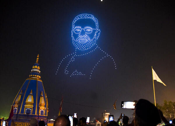 Drone show during 'Deepotsav' celebrations organised as part of the Uttarakhand Foundation Day, at Har Ki Pauri in Haridwar.