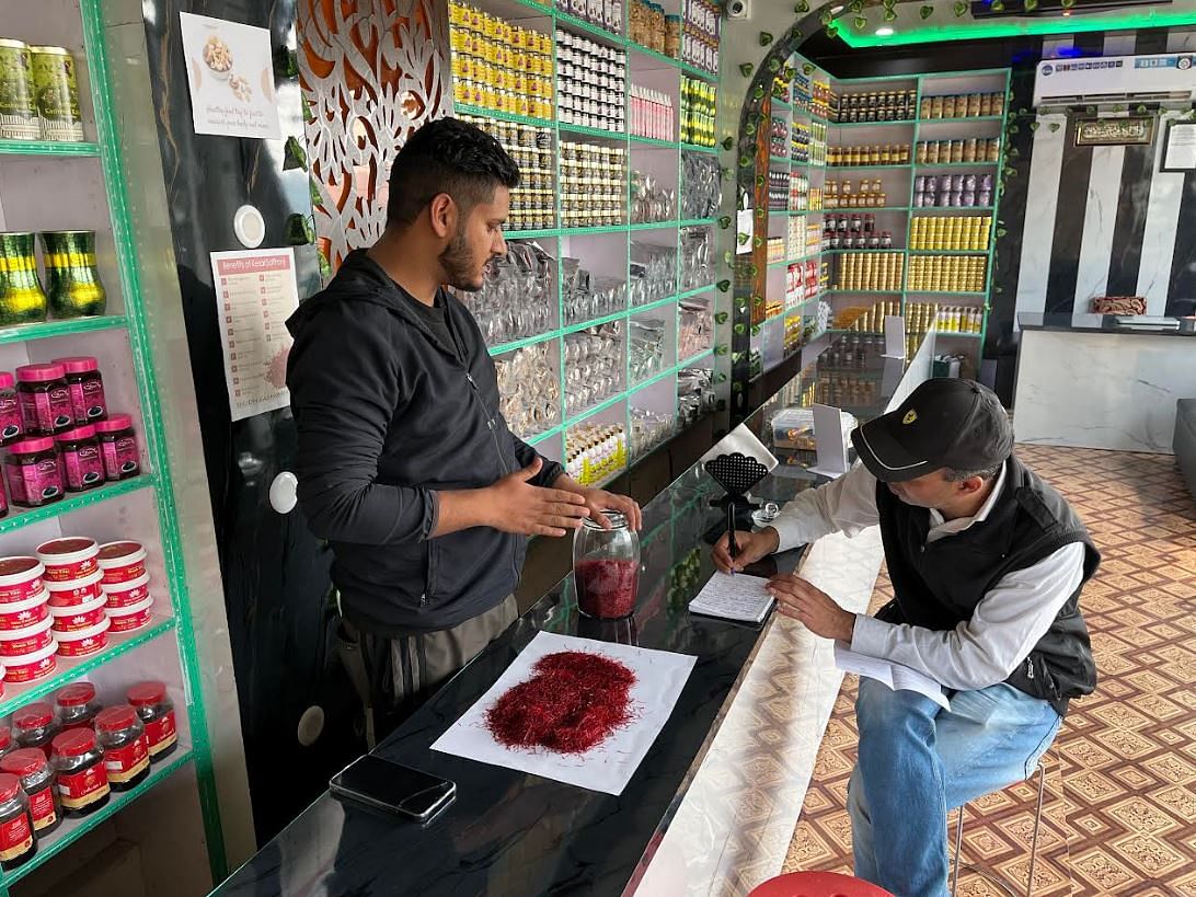 The author at a popular saffron selling showroom in south Kashmir 