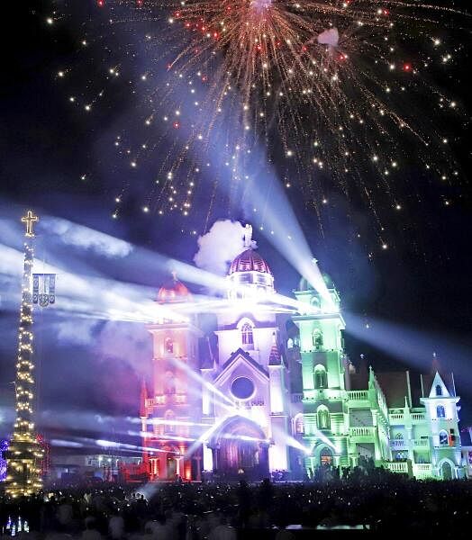 The illuminated Madre de Deus Church during its annual festival, in Thiruvananthapuram, Friday, Nov. 15, 2024.