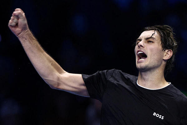 Taylor Fritz of the U.S. celebrates winning his semi final match against Germany's Alexander Zverev