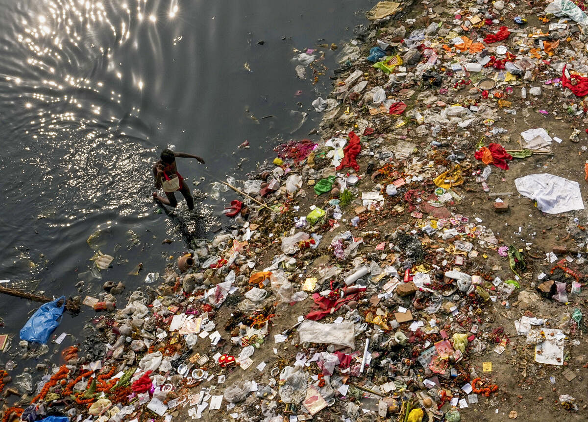 A ragpicker collects recyclable items from the garbage strewn along the banks of the polluted Yamuna river, in New Delhi, Wednesday, Nov. 20, 2024.