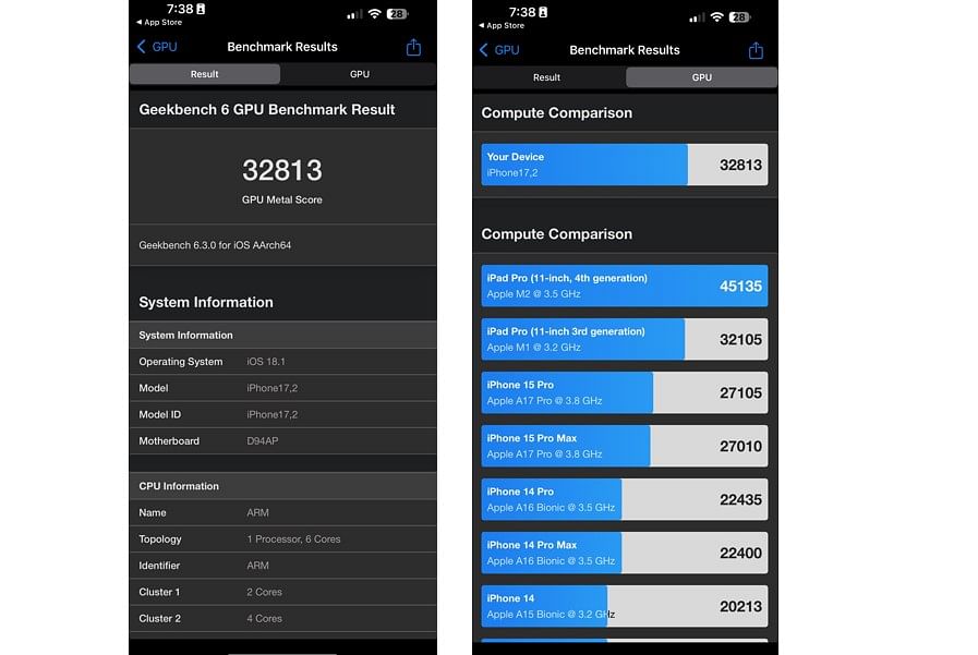 Apple iPhone 16 Pro Max's GPU performance on Geekbench app.