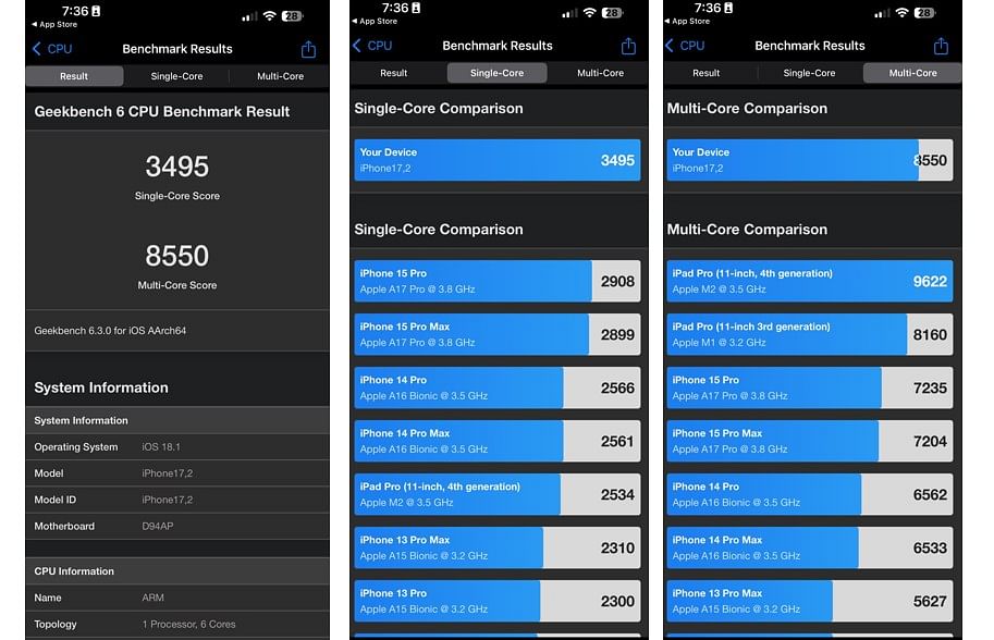 Apple iPhone 16 Pro Max's CPU performance on Geekbench app.