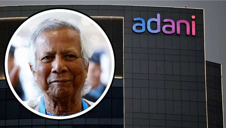 Bangladesh's interim leader Muhammad Yunus; Adani Group logo