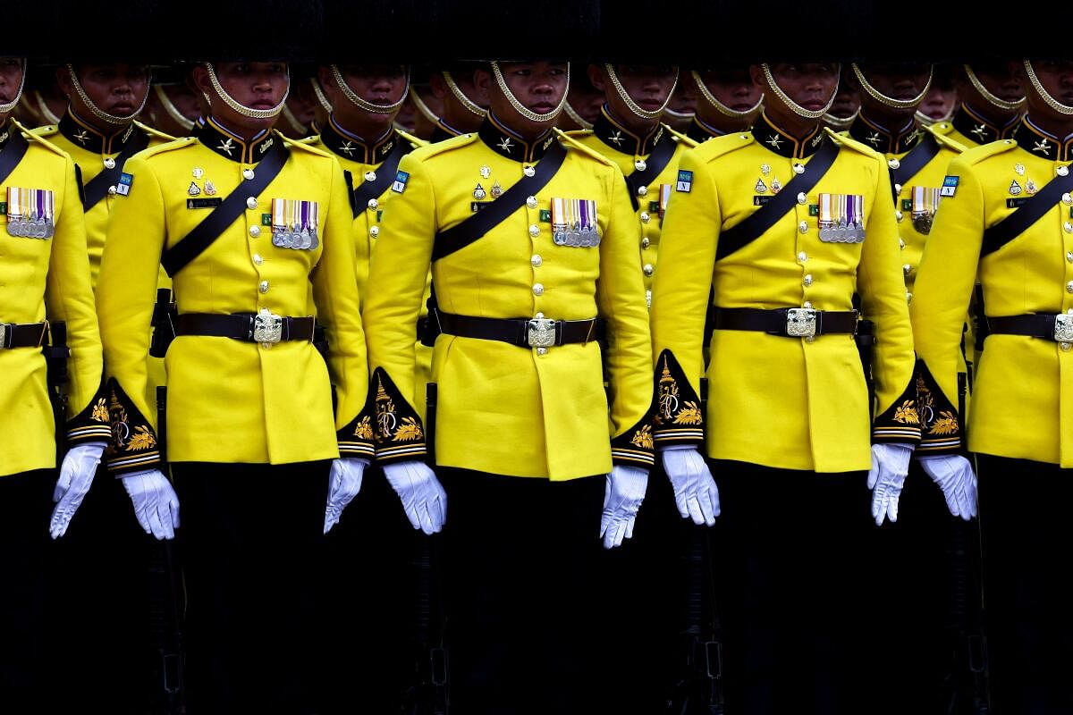 Members of the guard of honour attend a rehearsal of the trooping of the colors ceremony to mark the 72nd birthday of Thailand's King Maha Vajiralongkorn, in Bangkok, Thailand.