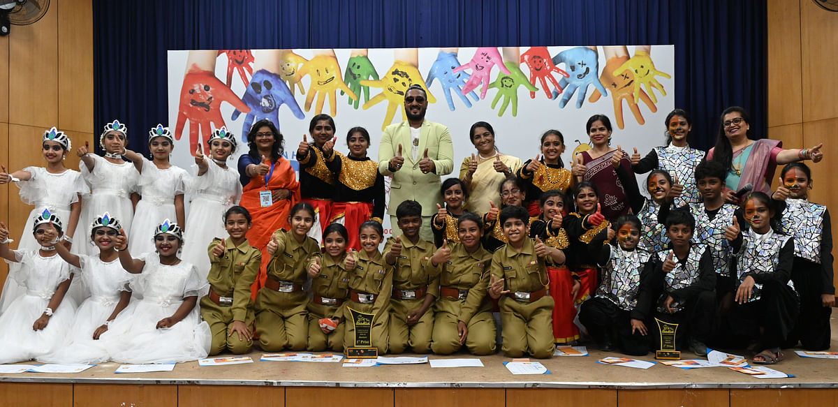 Winners (juniors): Silicon City Academy of Secondary Education (in police uniform) bagged the first spot; first runners-up Ganga International School (in gold outfits); second runners-up (in silver dress) Jubilee English High School (CBSE); and consolation prize winners (from left in white) Sree Ayyappa Education Center (CBSE) during the DHIE