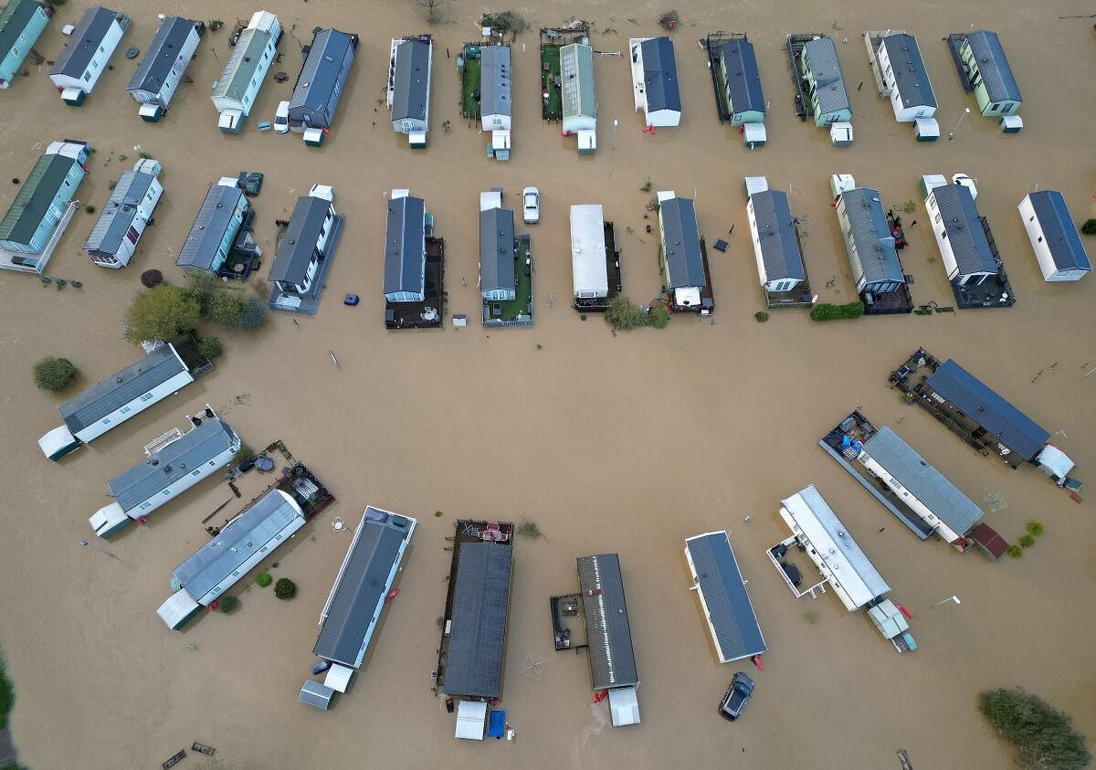 A drone view shows static caravans surrounded by floodwater after the River Nene burst its banks at Billing Aquadrome near Northampton, Britain.