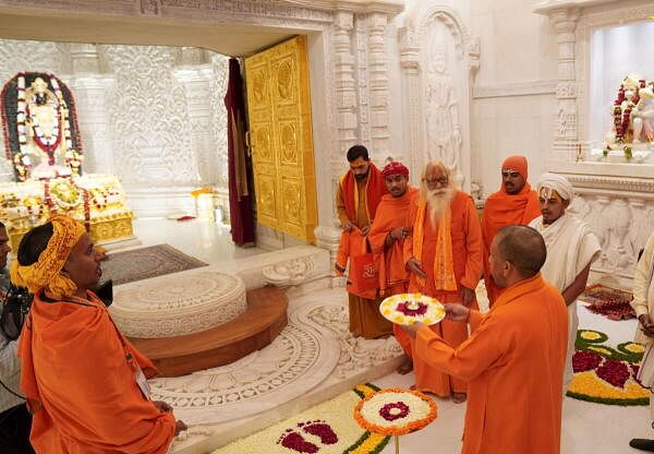 Uttar Pradesh Chief Minister Yogi Adityanath offers prayers at the Ram Mandir, in Ayodhya.