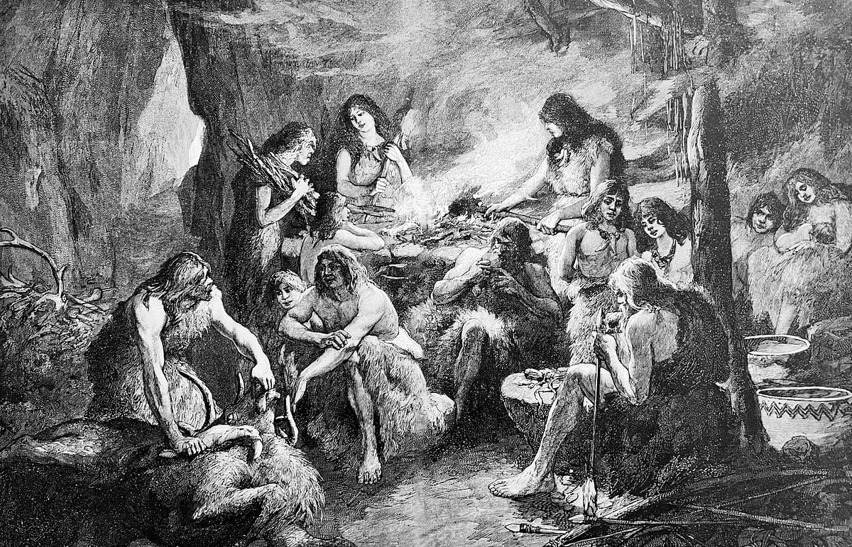 An artistic impression of cave dwellers during the hunter-gatherer era of humanity. For representational purposes.