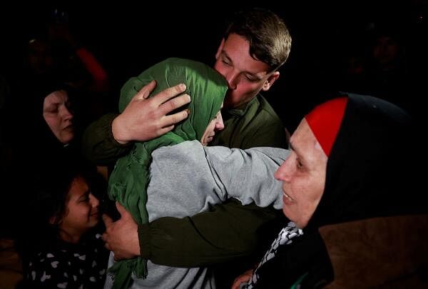 A freed Palestinian prisoner is greeted after being released from an Israeli jail as part of a hostages-prisoners swap and a ceasefire deal in Gaza between Hamas and Israel, in Ramallah, in the Israeli-occupied West Bank, January 20, 2025.