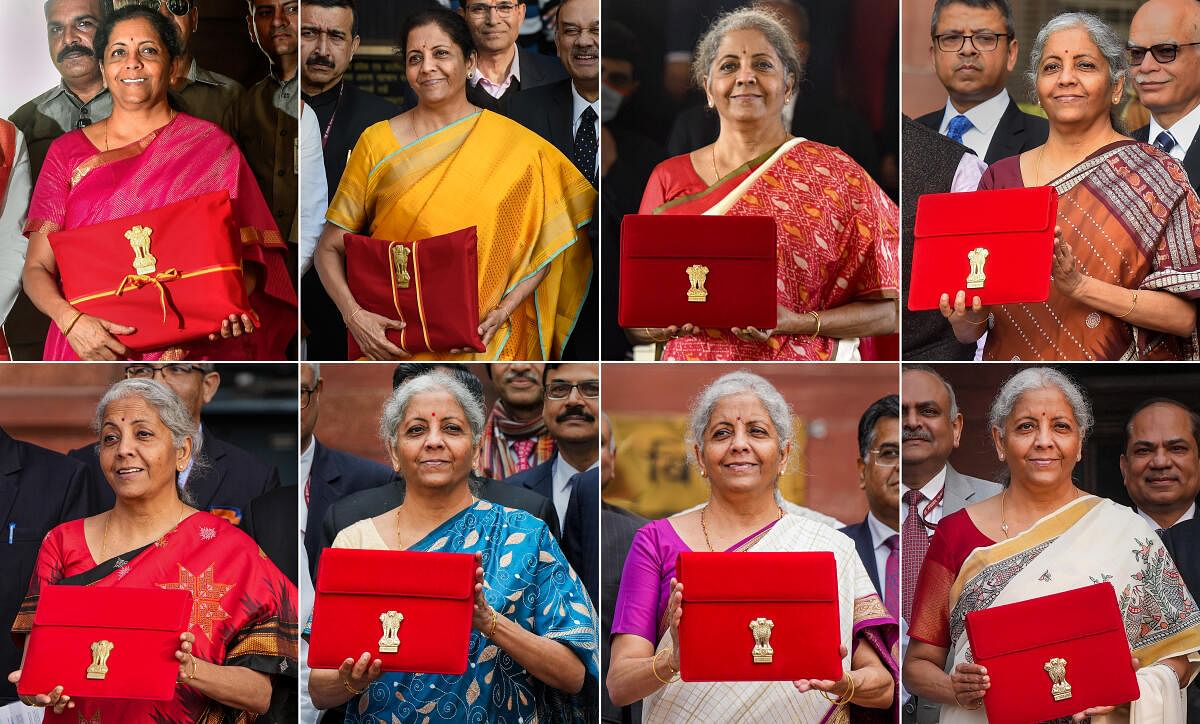 Combo of file images shows Union Finance Minister Nirmala Sitharaman with the ‘Union Budget’ in the years (L-R, Top Row) 2019, 2020, 2021 and 2022 and (L-R, Bottom Row) 2023, 2024 (Interim Budget), 2024 (General Budget) and Union Budget 2025-26, in New Delhi. (PTI Photo)