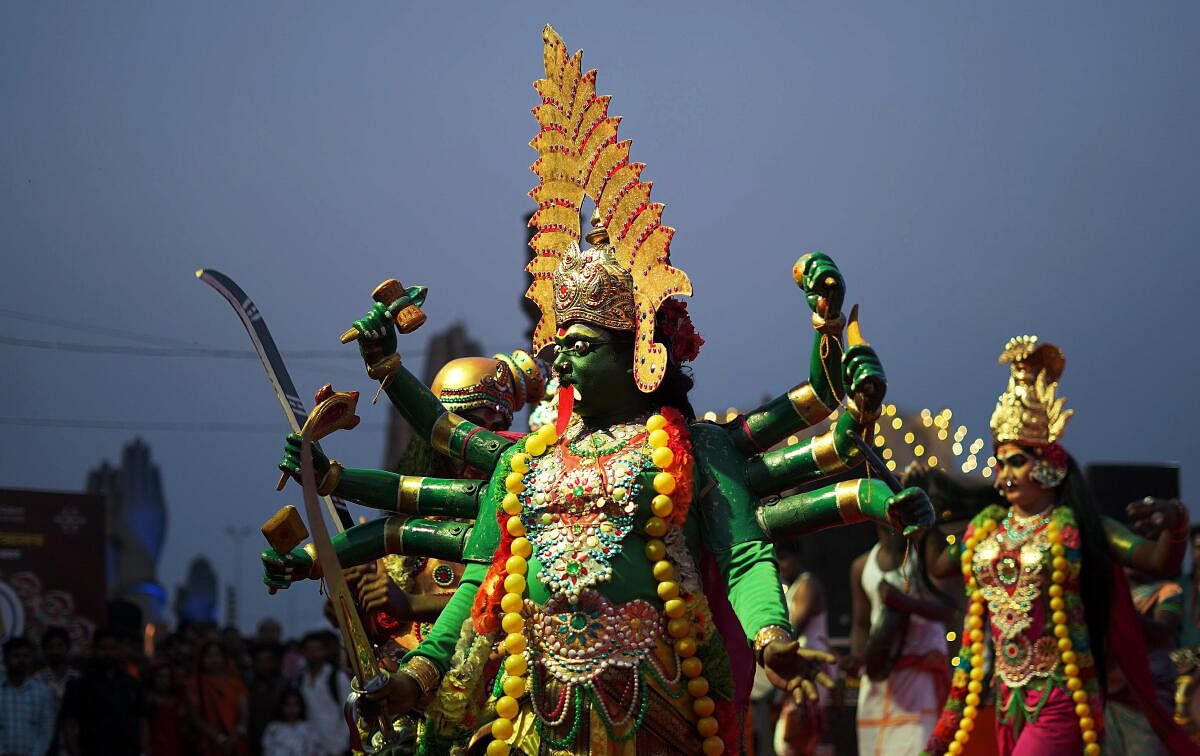 Artists perform during the closing ceremony of 'Kashi Tamil Sangamam' event, organized at Namo Ghat, in Varanasi, Uttar Pradesh