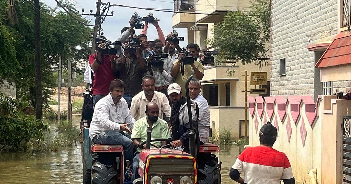 BBMP Chief Rides Tractor Through Flood-Hit Sai Layout Showing Severity