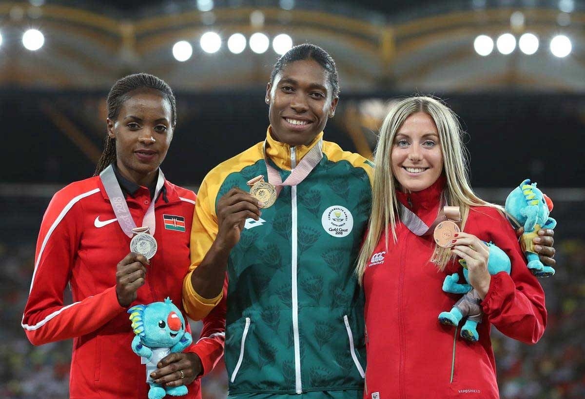 Athletics- Women's 1500m - Medal Ceremony. Gold medalist Caster Semenya of South Africa, silver medalist Beatrice Chepkoech of Kenya and bronze medalist Melissa Courtney of Wales. Reuters Photo
