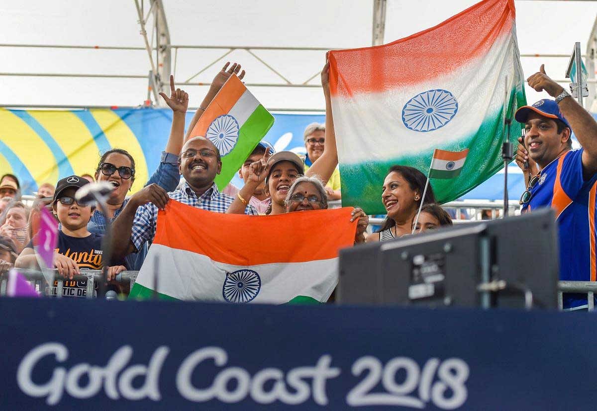 The crowd cheers for the Indian players competing in the Commonwealth Games 2018, at the Belmont Shooting Centre in Brisbane. PTI Photo