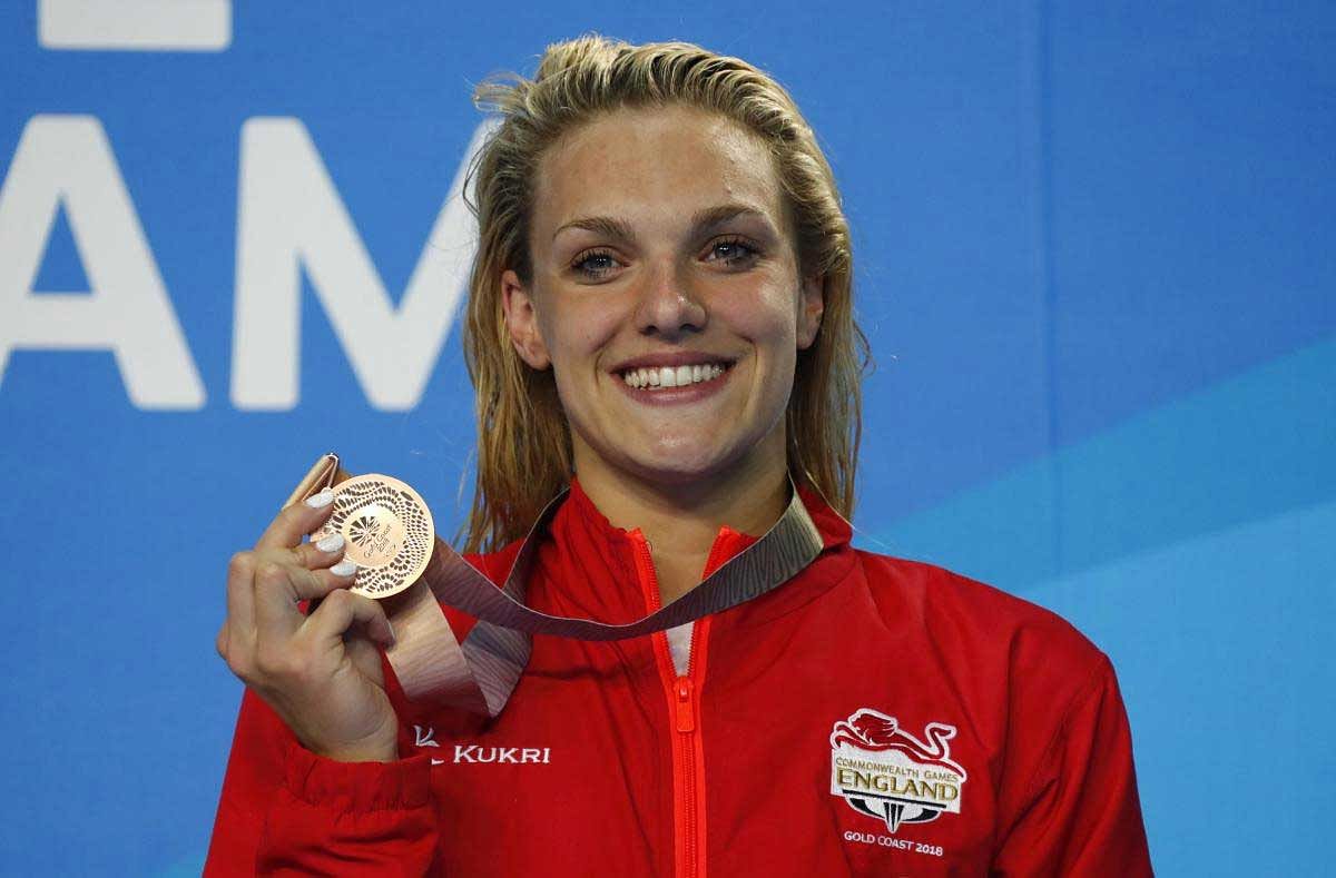 Swimming: Bronze medalist Eleanor Faulkner of England on the podium. Reuters Photo