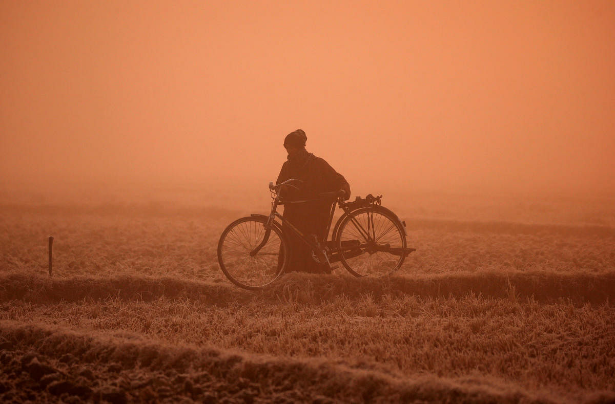 A man carries his bicycle through a paddy field on a foggy winter morning on the outskirts of Srinagar. REUTERS/Danish Ismail