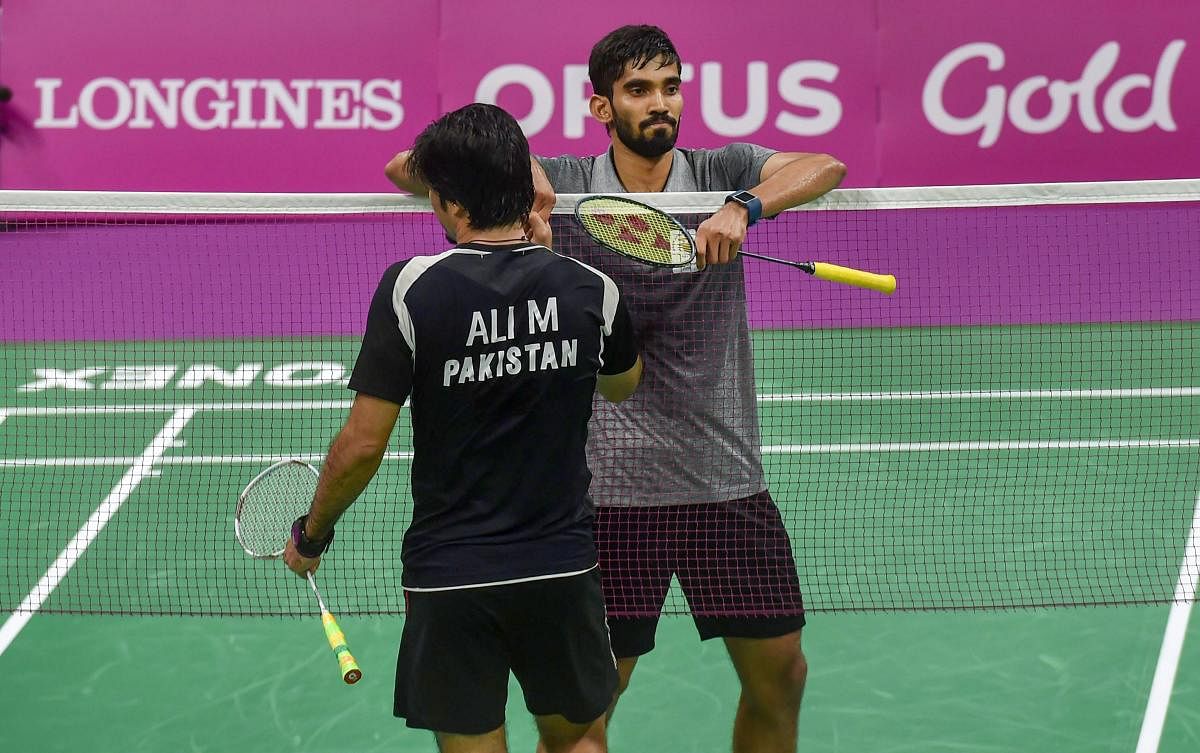 Indian shuttler Kidambi Srikanth in action against Pakistani player Murad Ali at Badminton men's singles in mixed team event during the Commonwealth Games 2018 in Gold Coast, on Thursday. (PTI Photo)