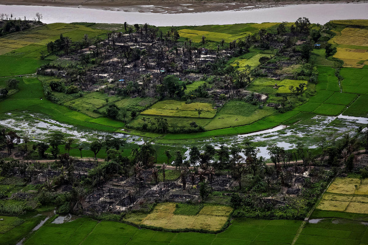 The remains of a burned Rohingya village is seen in this aerial photograph near Maungdaw, north of Rakhine State, Myanmar September 27, 2017. REUTERS/Soe Zeya Tun