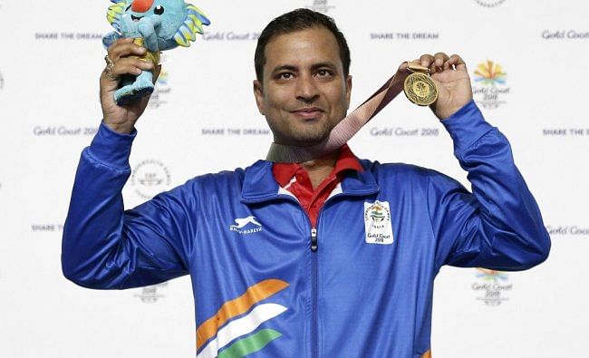 Sanjeev Rajput of India celebrates winning the gold medal at the men's 50m Rifle 3P final at the Belmont Shooting Centre during the 2018 Commonwealth Games in Brisbane, Australia, Saturday, April 14, 2018. (AP/PTI)