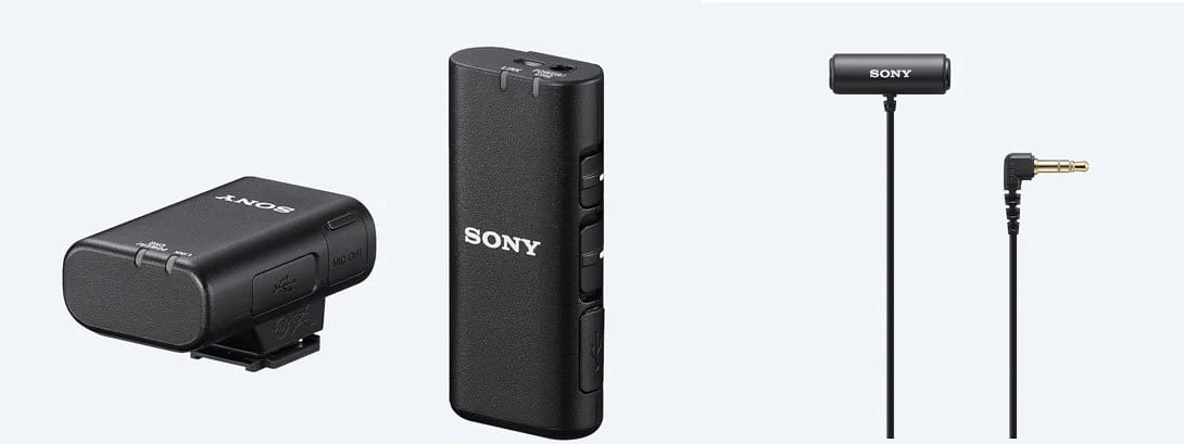 [From left] ECM-W2BT Multi-Interface Shoe compatible wireless microphone and ECM-LV1 compact stereo lavalier microphone. Credit: Sony India