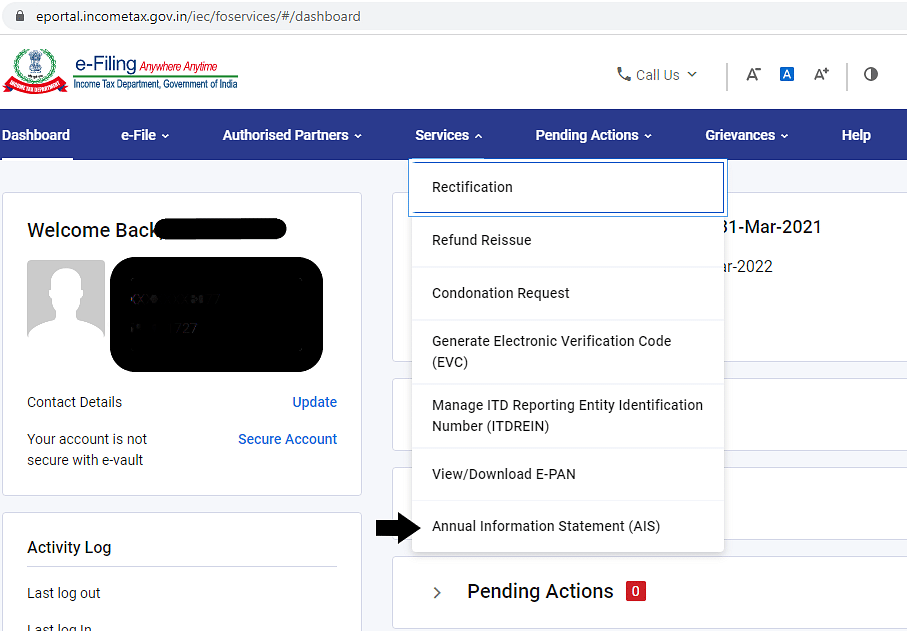 Step 2: Select the 'Services' dropdown menu and select 'Annual Information Statement (AIS)'