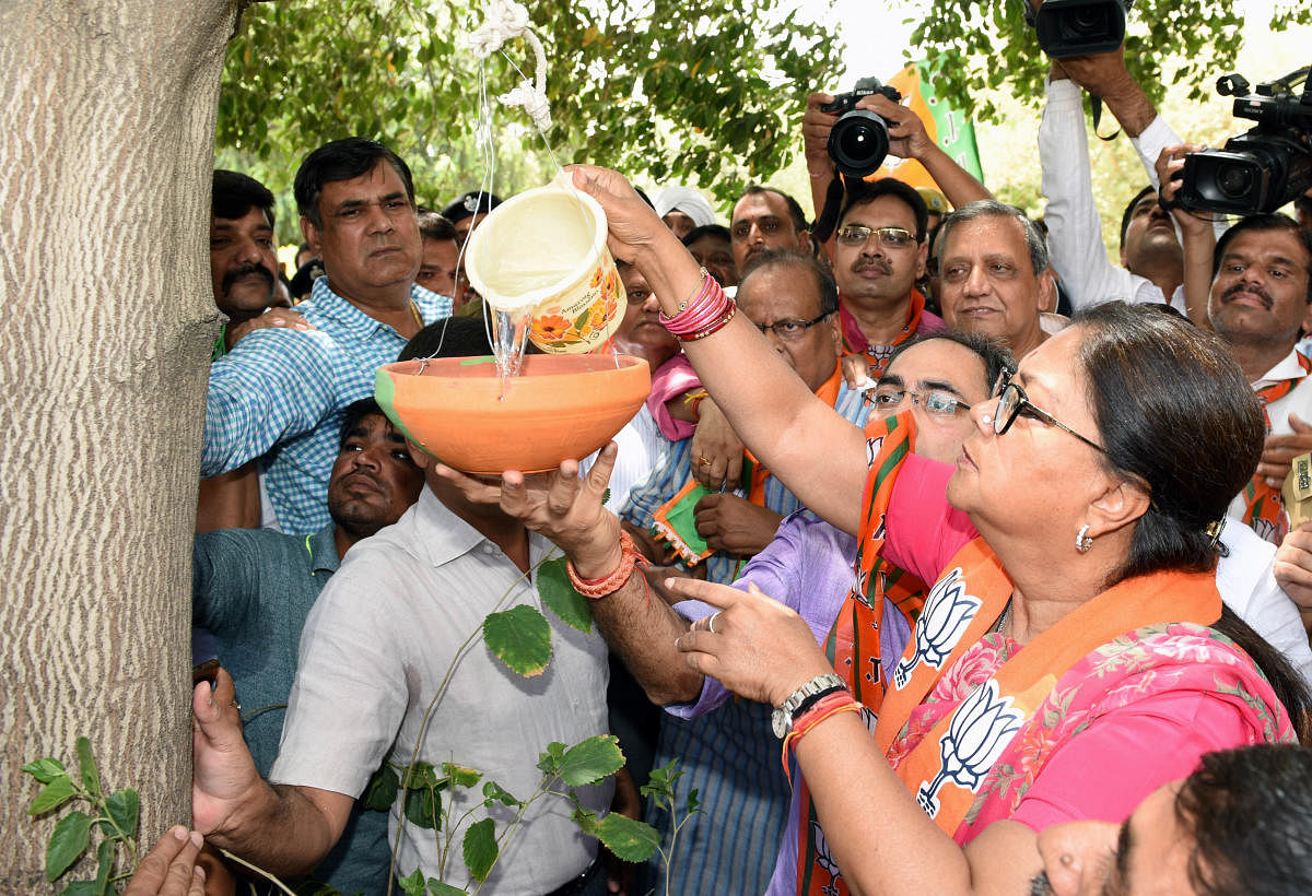 Assembly polls in mind, BJP paints water pots saffron