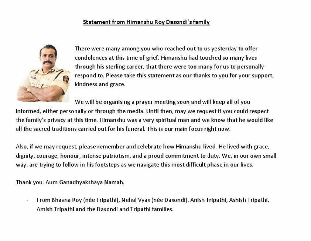 Himanshu Roy's family thanks well-wishers, requests privacy