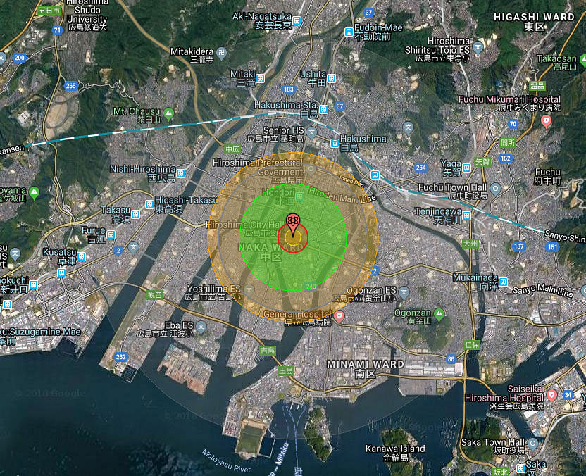 The Hiroshima bomb's destructive radius.