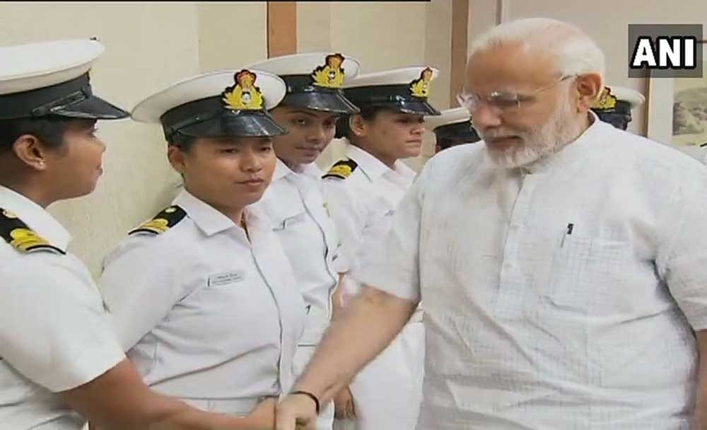 PM Modi meets all-woman crew of INSV Tarini