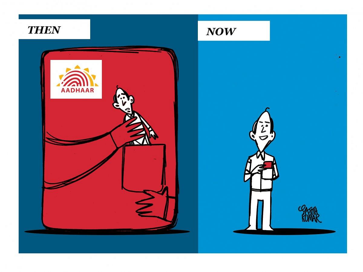 Aadhaar Then and Now!  Cartoon by Sajith Kumar/Outlook on Aadhaar Verdict