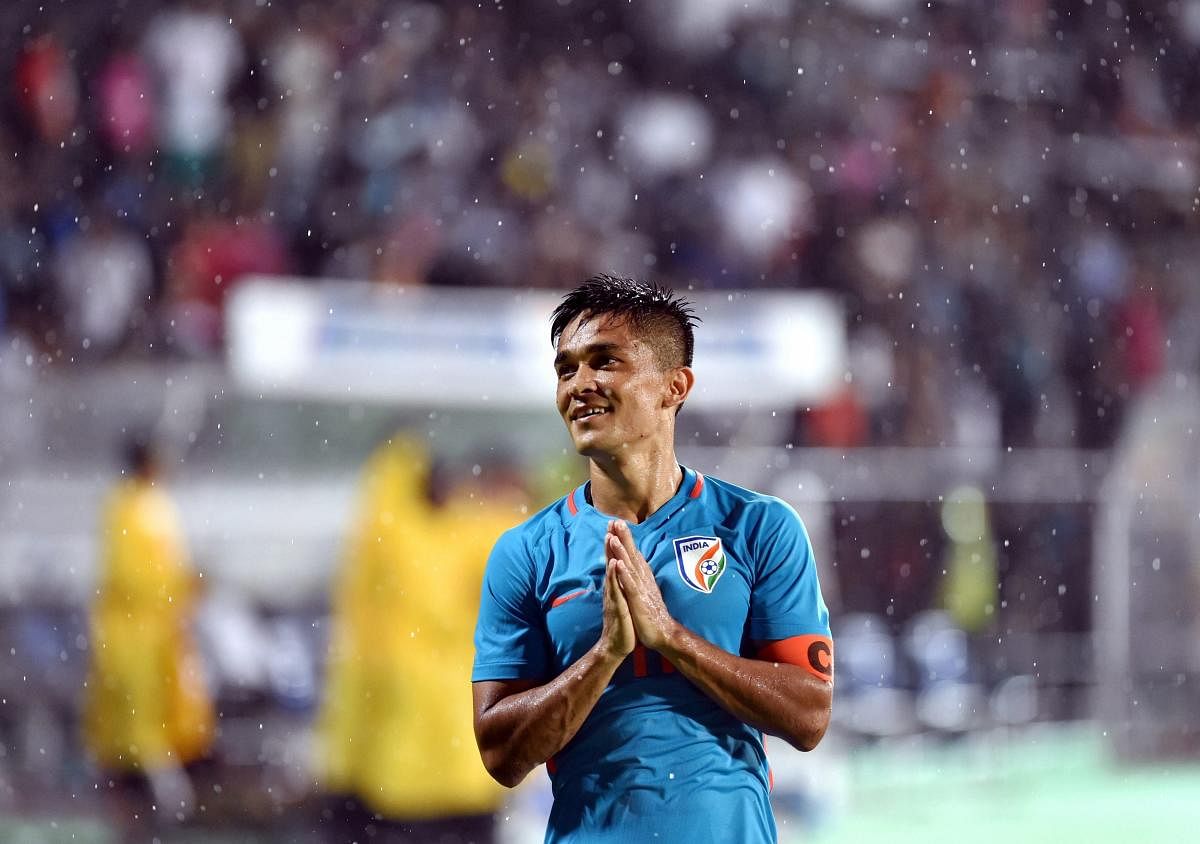 India player Sunil Chhetri (Blue jersey no. 11) greets the spectators after the team's victory against Kenya during the Hero Intercontinental football Cup, in Mumbai on June 04,