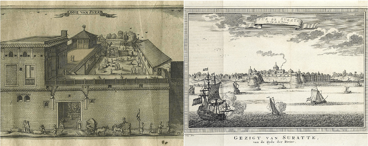 Left: Dutch East India Company's warehouse and living quarters in Surat.  Right: View of Surat (Photo: Wikimedia Commons)