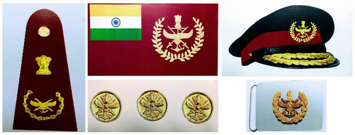 In this combo photo, (extreme left) shoulder rank badges; (top row, from left) car flag and peak cap; (bottom row, from left) buttons on working dress and belt buckle, of the new Chief of Defence Staff (CDS) Gen Bipin Rawat are seen. PTI