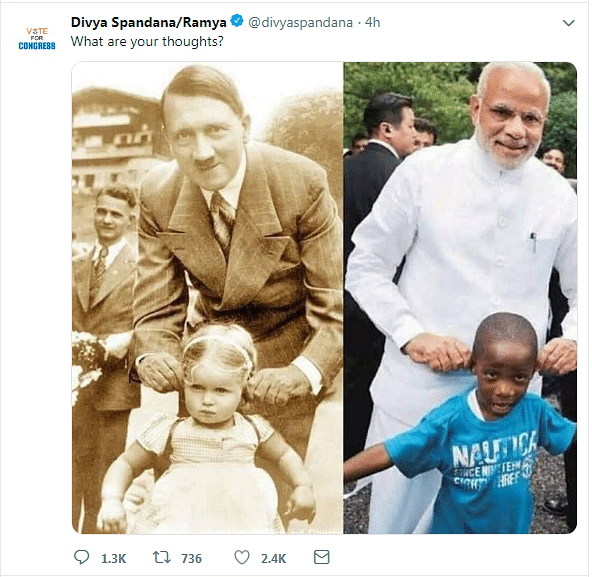 Divya Spandana tweets photoshopped Hitler-Modi photo