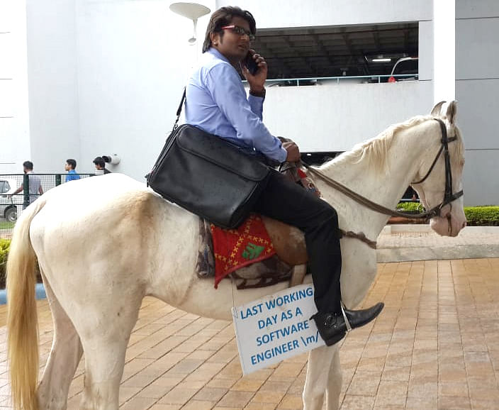 Techie rides a horse to office on last day of work