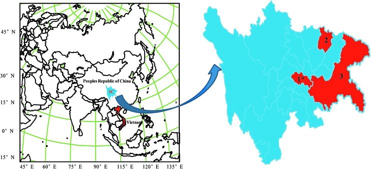 Collection of locations of mosquito specimens and pig serum samples. Note: 1, Mosquito specimens collection site 1 (Longchang county); 2, mosquito specimens collection site 2 (Bazhong county); 3, pig serum samples collection site (eastern Sichuan Basin). (*) Where SC0806 was isolated.