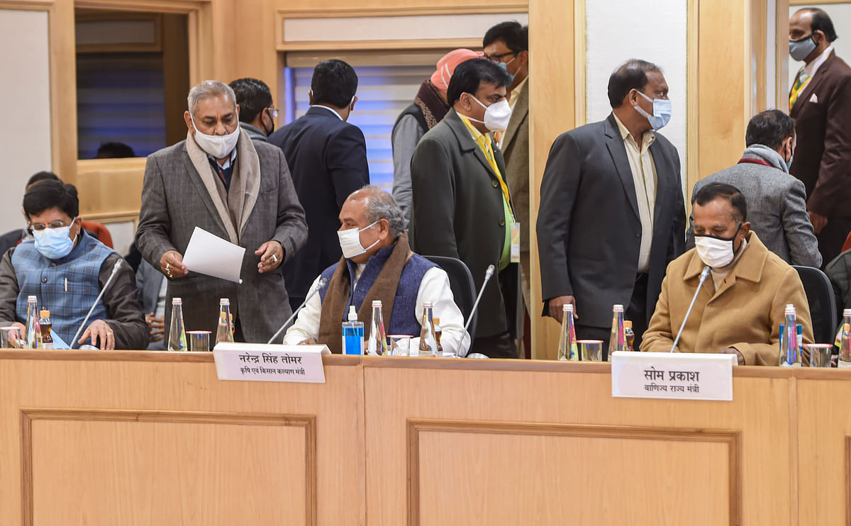 Union Minister for Agriculture & Farmers Welfare Narendra Singh Tomar along with Union Minister for Commerce and Industry Piyush Goyal during a meeting with farmers leaders over the new farm laws, at Vigyan Bhawan in New Delhi, Wednesday, Dec. 30, 2020. Credit: PTI Photo