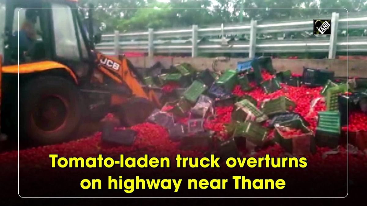 Tomato-laden truck overturns on highway near Thane