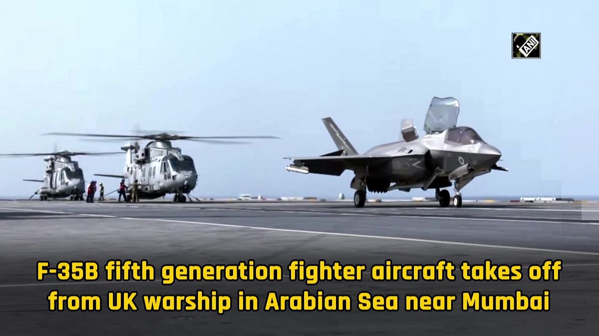 F-35B fighter aircraft takes off from UK warship in Arabian Sea