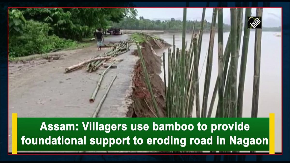 Assam: Villagers use bamboo to provide foundational support to eroding road in Nagaon