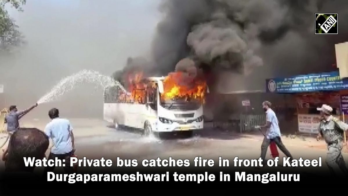 Watch: Private bus catches fire in front of Kateel Durgaparameshwari temple in Mangaluru