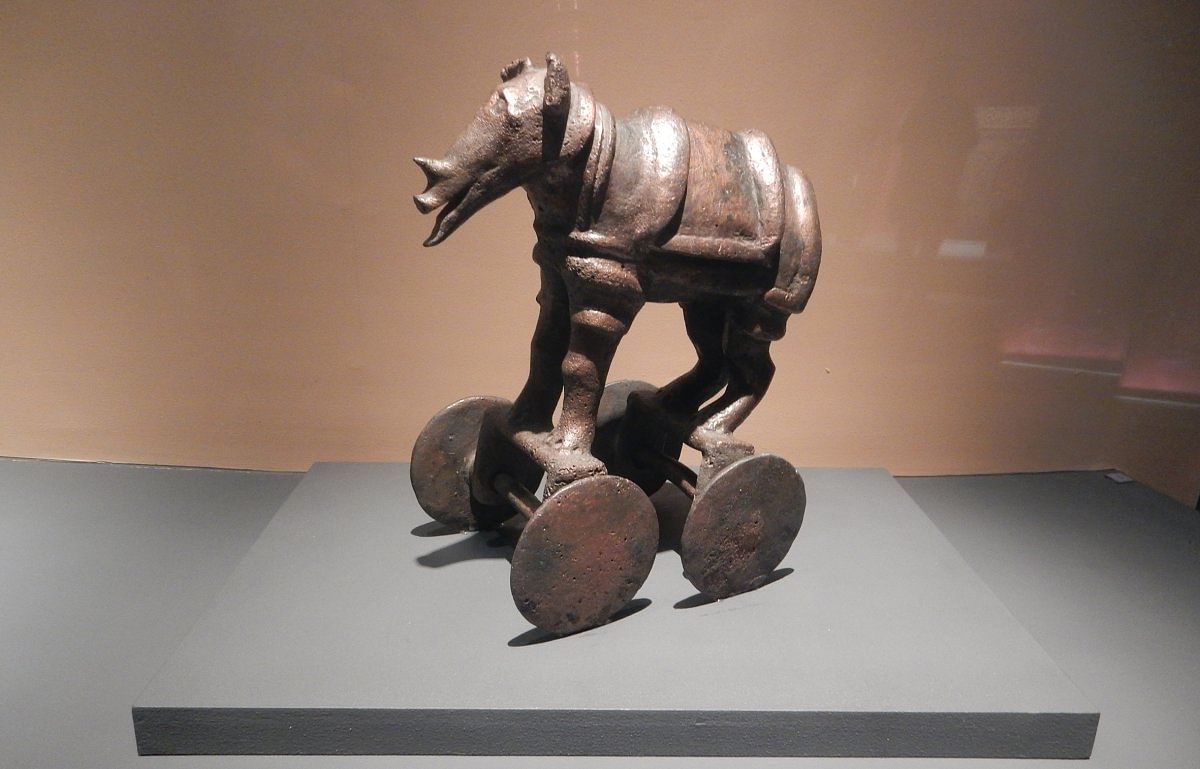 A bronze Rhinoceros from Maharashtra (1500-1050BC) at India and the World show. PHOTO BY GIRIDHAR KHASNIS