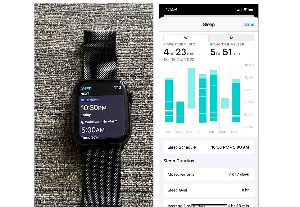 Sleep tracking feature on Apple Watch Series 6 and the data on Health App on iPhone. Credit: DH Photo/KVN Rohit