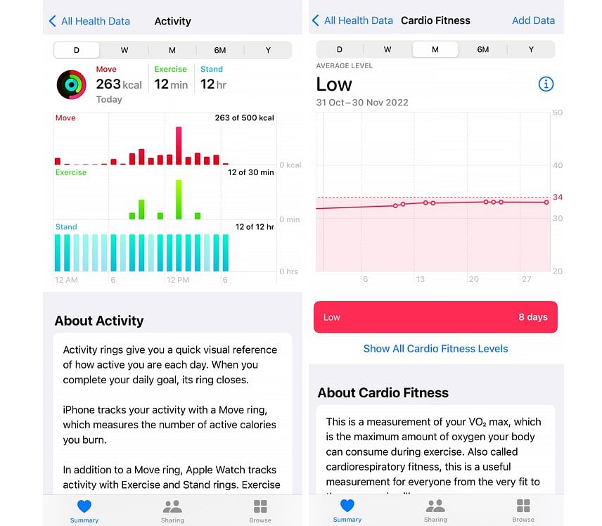 Activity Rings data and Cardio Health recorded by Apple Watch Series 8 and transferred to Health app. Credit: DH Photo/KVN Rohit