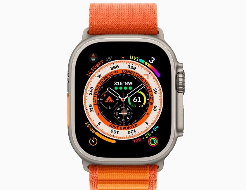 Wayfinder watch face is designed specifically for Apple Watch Ultra and includes space for up to eight complications. Credit: Apple