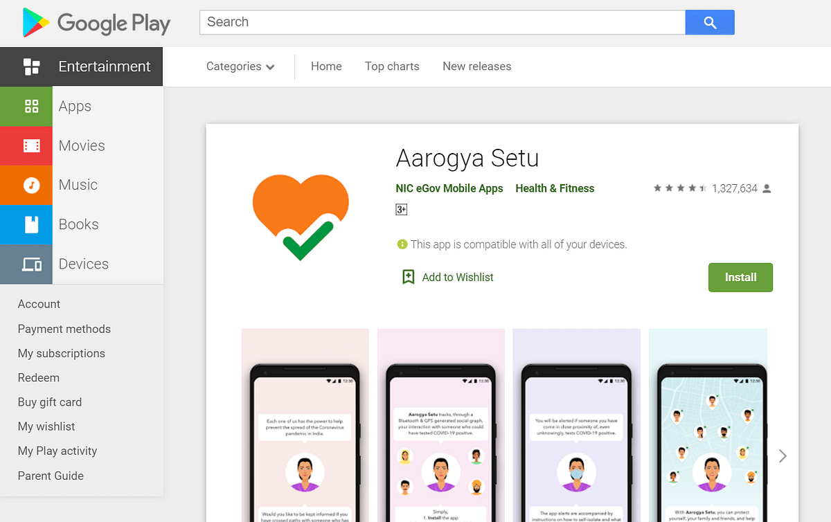 Aarogya Setu app on Google Play store