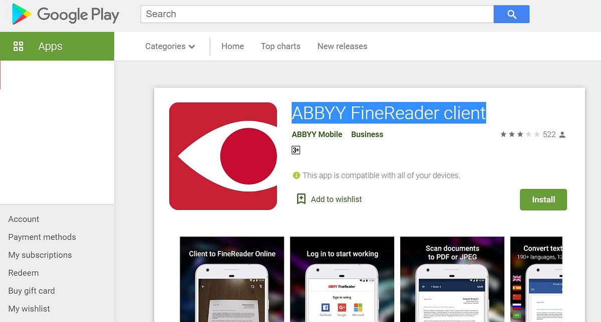 ABBYY FineReader client on Google Play store (screen-grab)